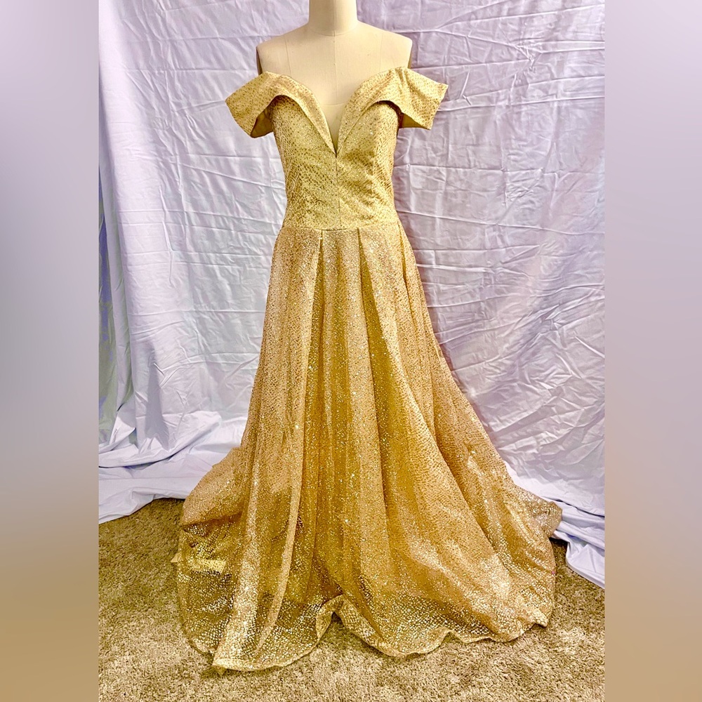 Elegant Off-Shoulder Gold Evening Gown